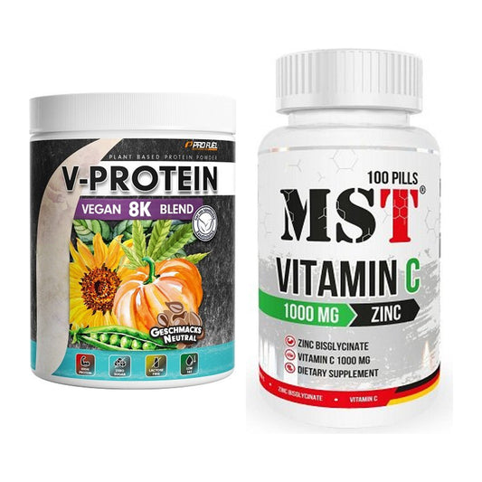 Basis-Set: ProFuel V-Protein Vegan 8K + MST Vitamin C 1000 + Zinc – alle enthaltenen Artikel