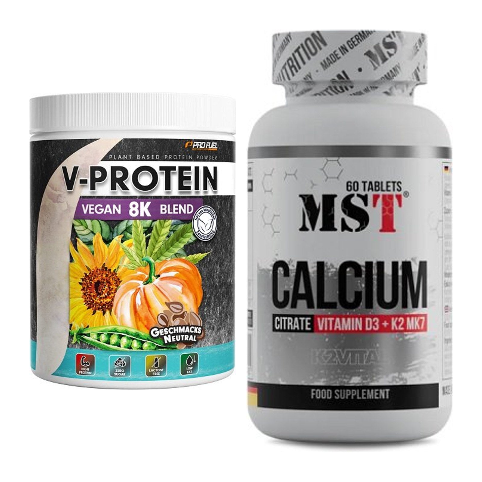 Basis-Set: ProFuel V-Protein Vegan 8K + MST Calcium Citrate D3 – alle enthaltenen Artikel