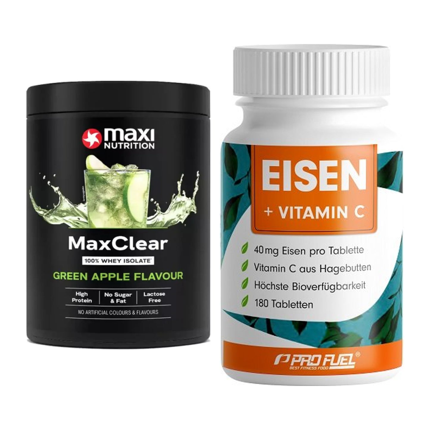 Basis-Set: MaxiNutrition MaxClear 100% + ProFuel EISEN + nat. Vitamin – alle enthaltenen Artikel