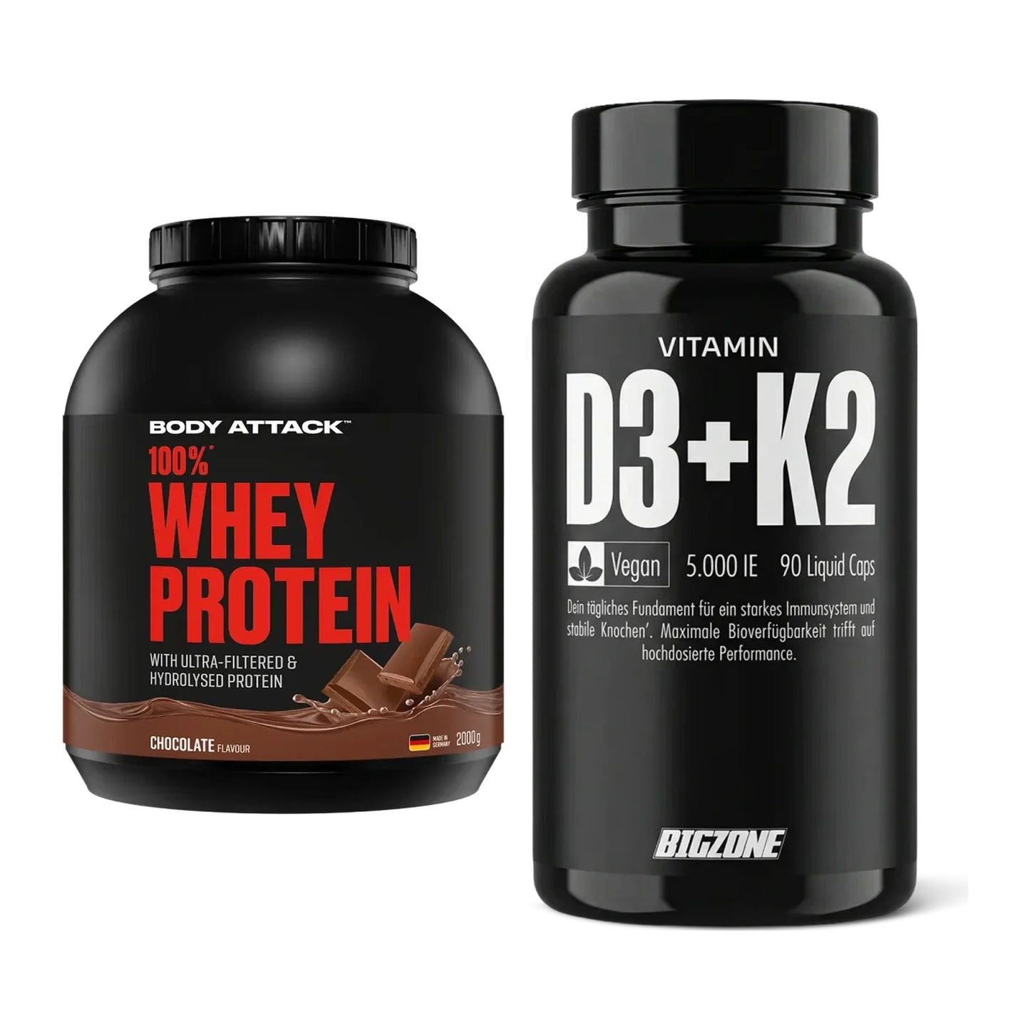 Basis-Set: Body Attack 100% Whey Protein + Big Zone Vitamin D3 + K2 – alle enthaltenen Artikel