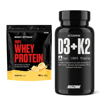 Basis-Set: Body Attack 100% Whey Protein + Big Zone Vitamin D3 + K2 – alle enthaltenen Artikel