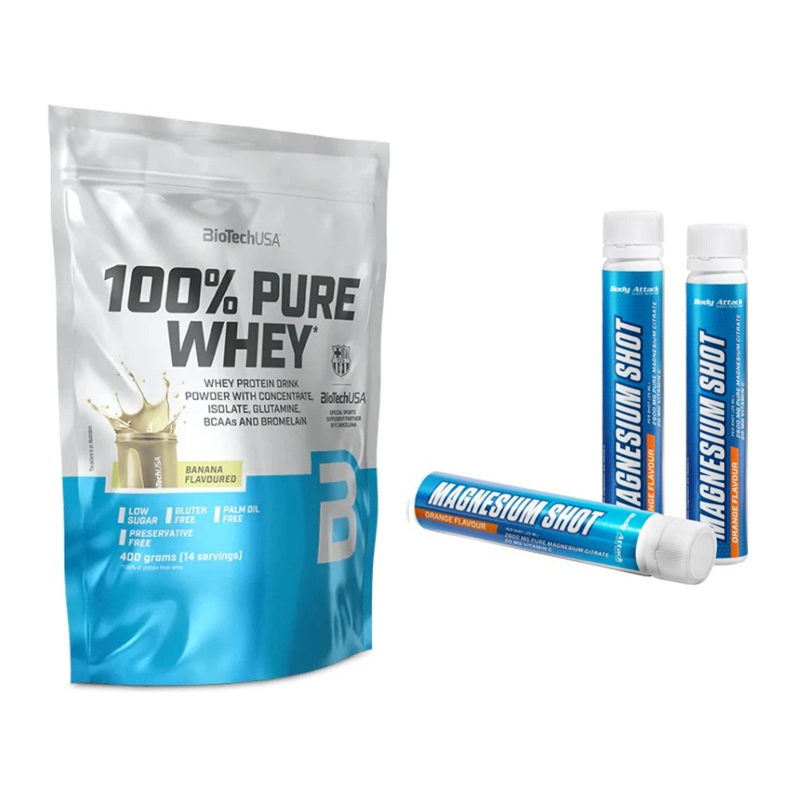 Basis-Set: BioTech 100% Pure Whey + Body Attack Magnesium Shots – alle enthaltenen Artikel