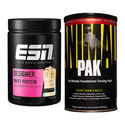 Basis-Set: ESN Designer Whey + Universal Animal Pak 44 Serv. – alle enthaltenen Artikel