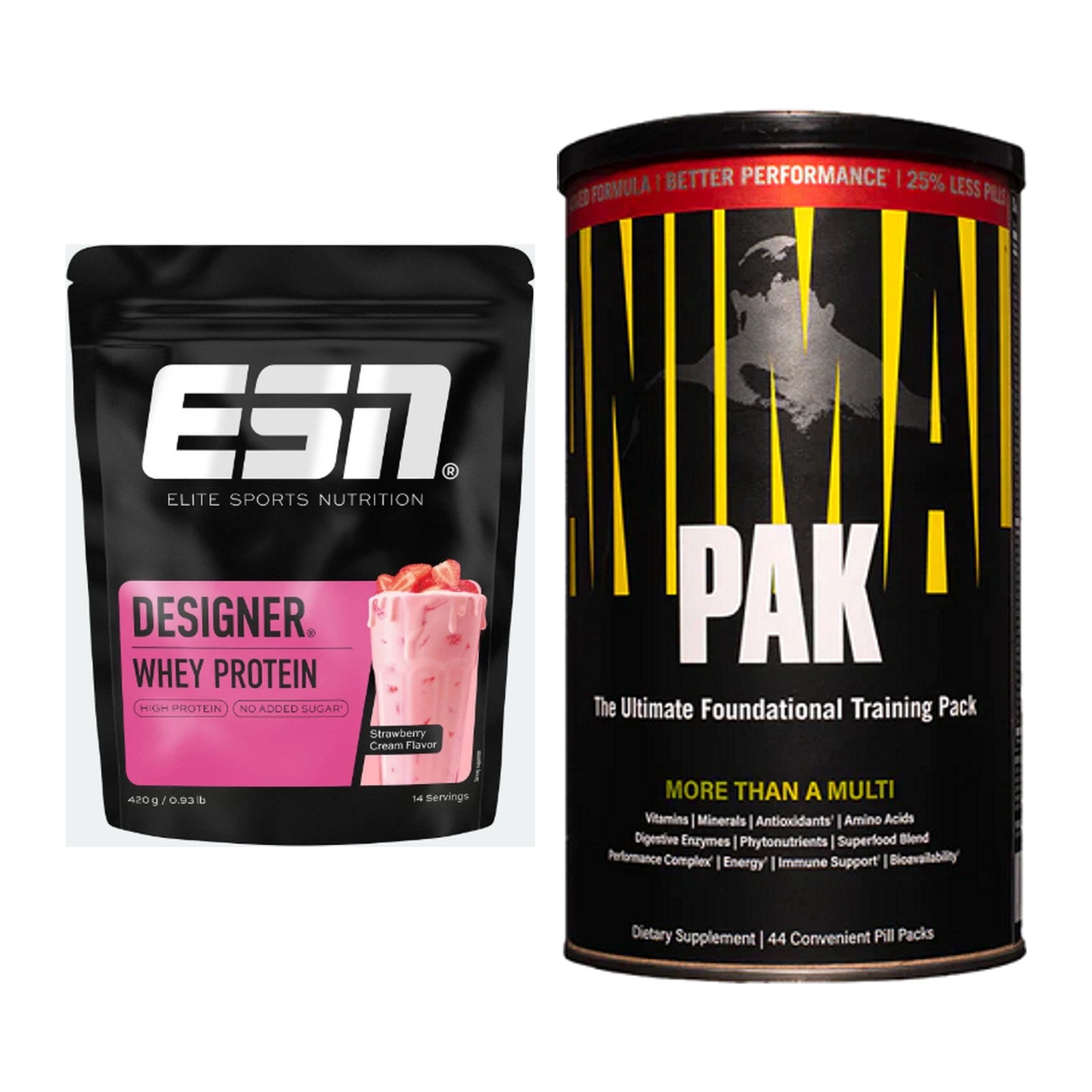Basis-Set: ESN Designer Whey + Universal Animal Pak 44 Serv. – alle enthaltenen Artikel