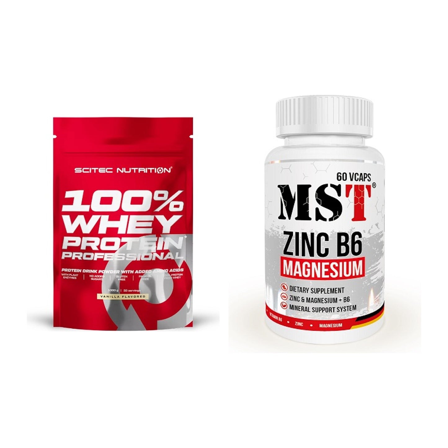Basis-Set: Scitec 100% Whey Protein + MST Zinc + Magnesium + B6 60 – alle enthaltenen Artikel