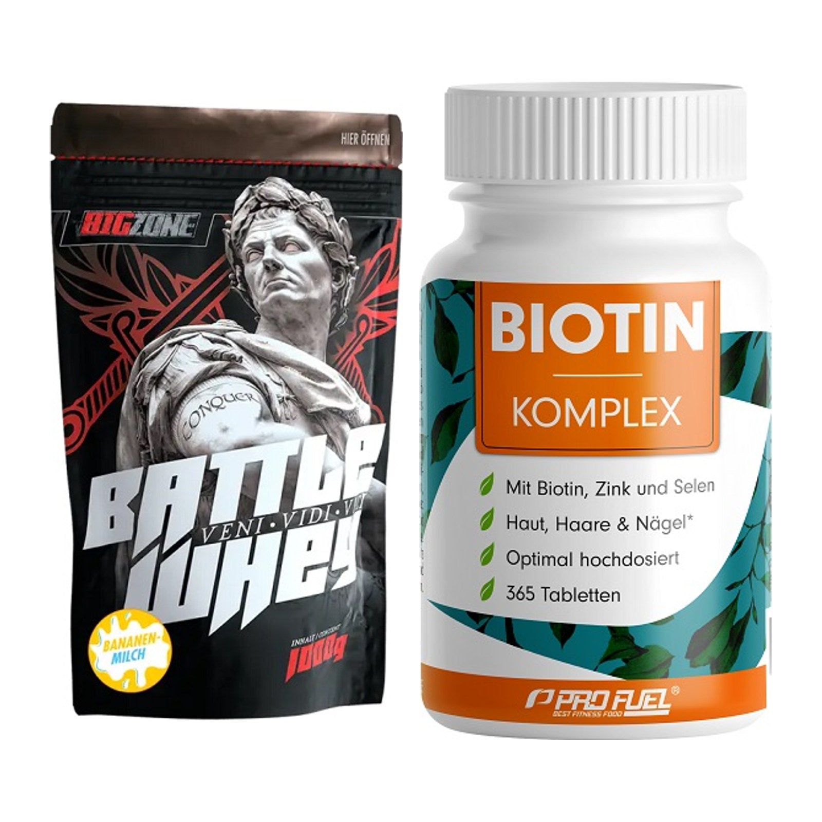 Basis-Set: Big Zone Battle Whey + ProFuel BIOTIN Komplex – alle enthaltenen Artikel