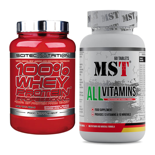 Basis-Set: Scitec 100% Whey Professional + MST All Vitamins 60 Pillen – alle enthaltenen Artikel