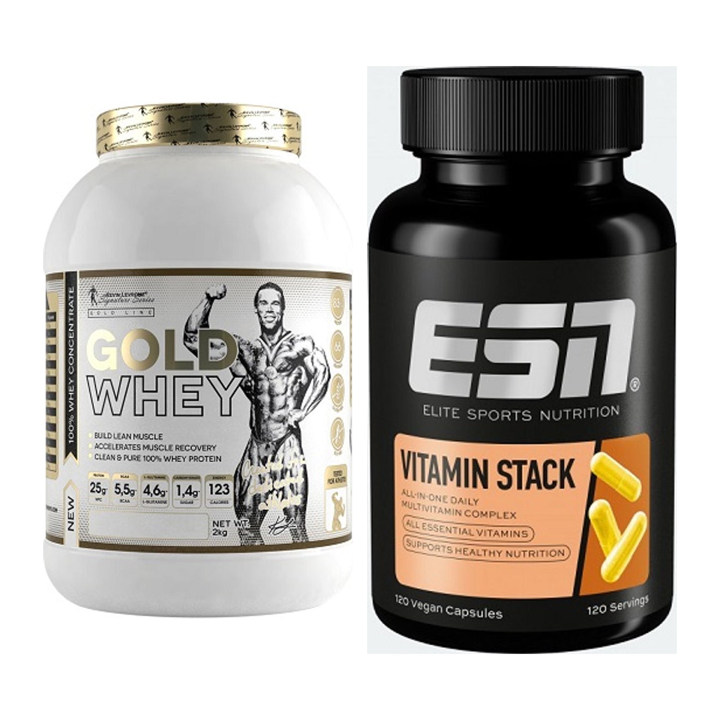 Basis-Set: Kevin Levrone Gold Whey + ESN Vitamin Stack – alle enthaltenen Artikel