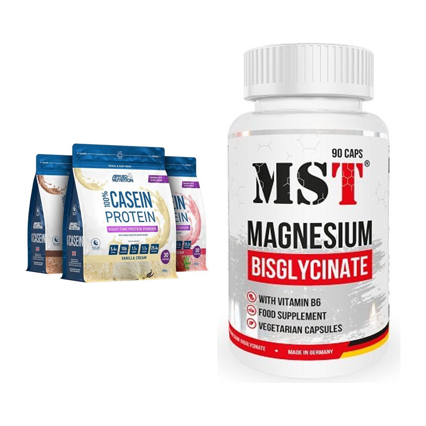 Basis-Set: Applied Nutrition 100% Casein + MST Magnesium Bisglycinat – alle enthaltenen Artikel