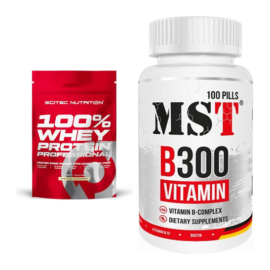 Basis-Set: Scitec 100% Whey Protein + MST B300 B-Complex 100 Pills – alle enthaltenen Artikel