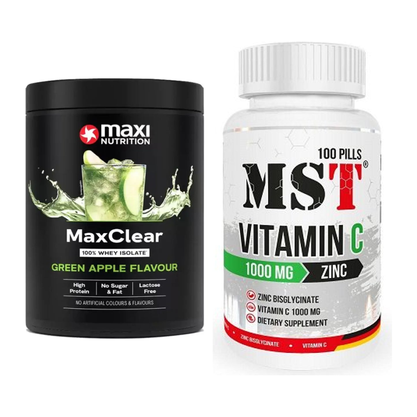 Basis-Set: MaxiNutrition MaxClear 100% + MST Vitamin C 1000 + Zinc – alle enthaltenen Artikel