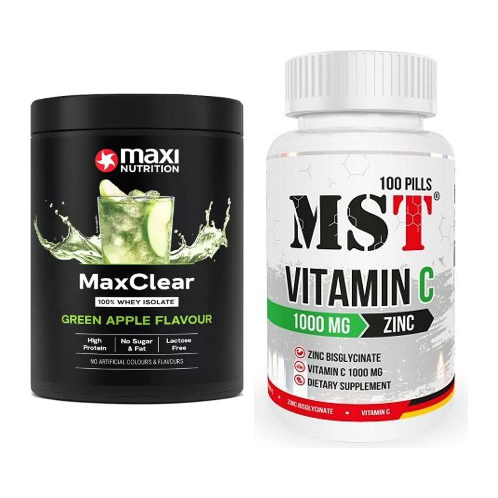Basis-Set: MaxiNutrition MaxClear 100% + MST Vitamin C 1000 + Zinc – alle enthaltenen Artikel