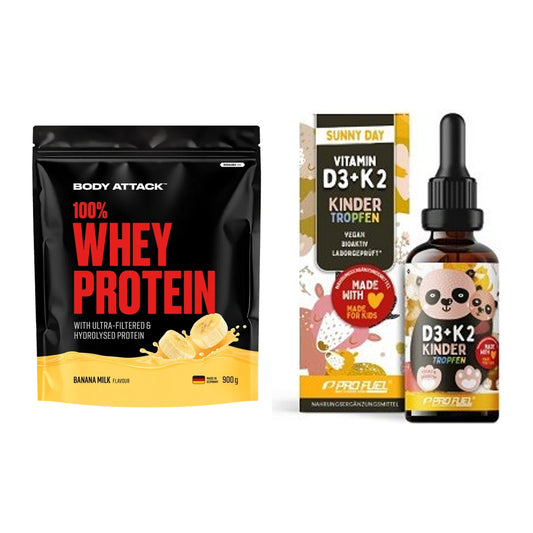 Basis-Set: Body Attack 100% Whey + ProFuel VITAMIN D3 + K2 – alle enthaltenen Artikel