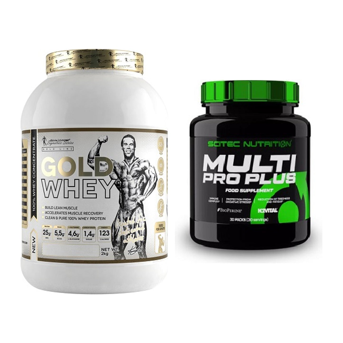Basis-Set: Kevin Levrone Gold Whey + Scitec Multi Pro Plus 30 Packs – alle enthaltenen Artikel