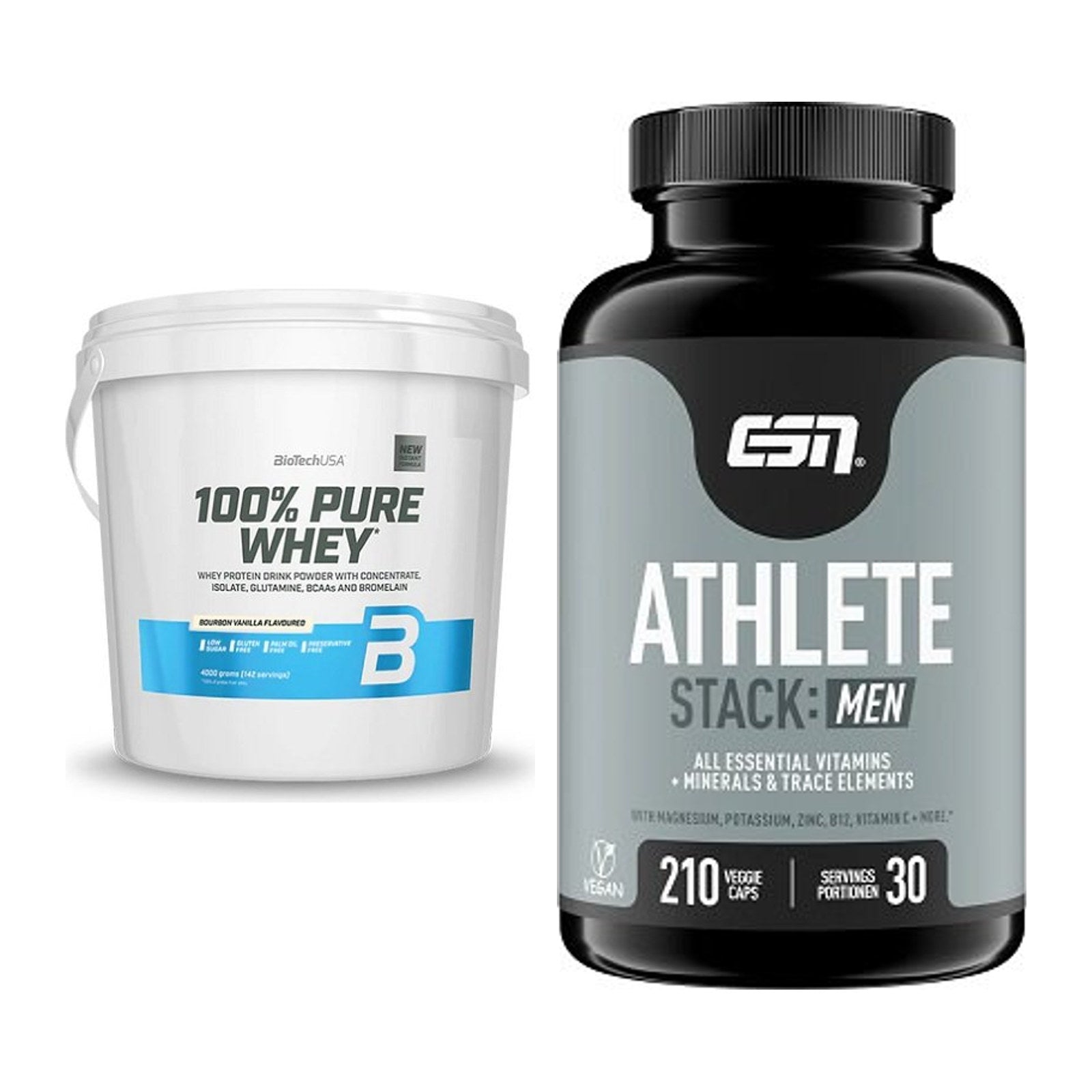 Basis-Set: BioTech 100% Pure Whey + ESN Athlete Stack:MEN – alle enthaltenen Artikel
