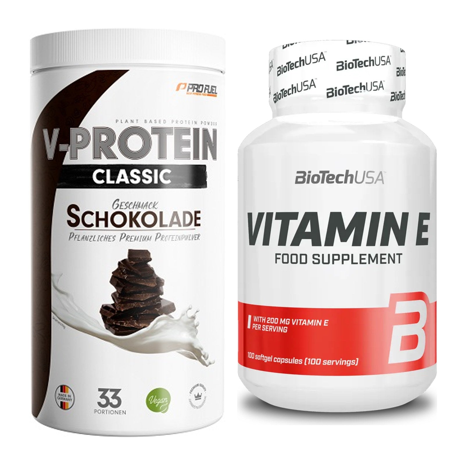 Basis-Set: ProFuel VEGAN PROTEIN + BioTech Vitamin E 100 Softgelcaps – alle enthaltenen Artikel