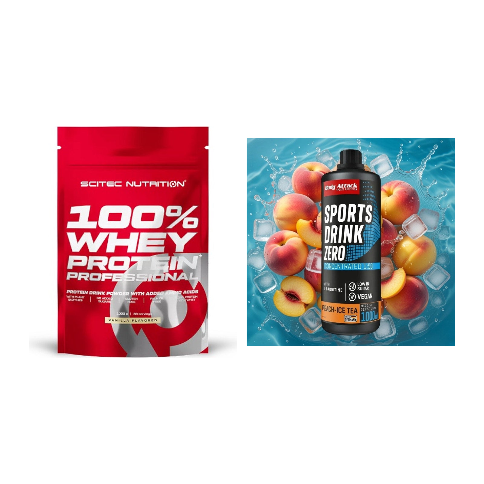 Basis-Set: Scitec 100% Whey Protein + Body Attack Sports Drink Zero – alle enthaltenen Artikel