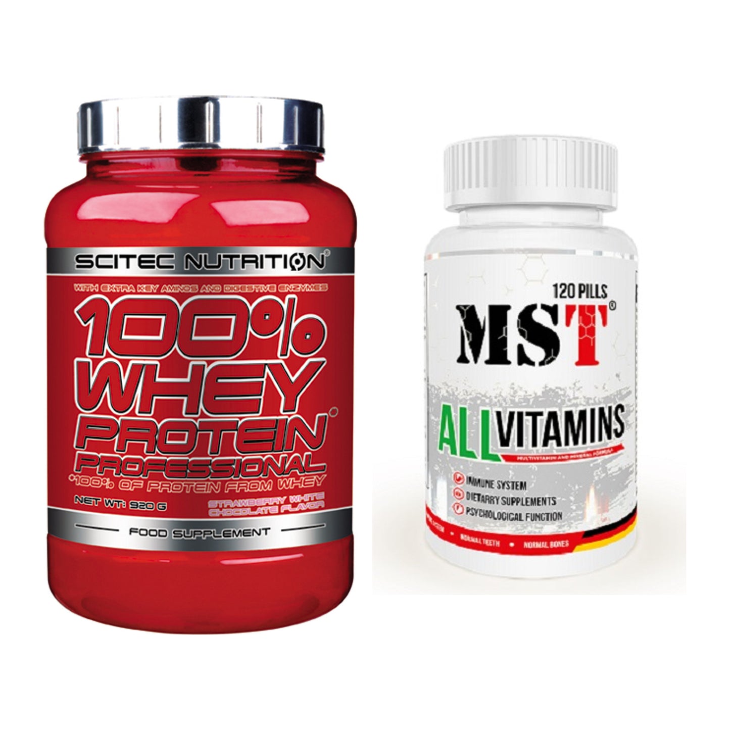 Basis-Set: Scitec 100% Whey Professional + MST All Vitamins 120 Tabl. – alle enthaltenen Artikel