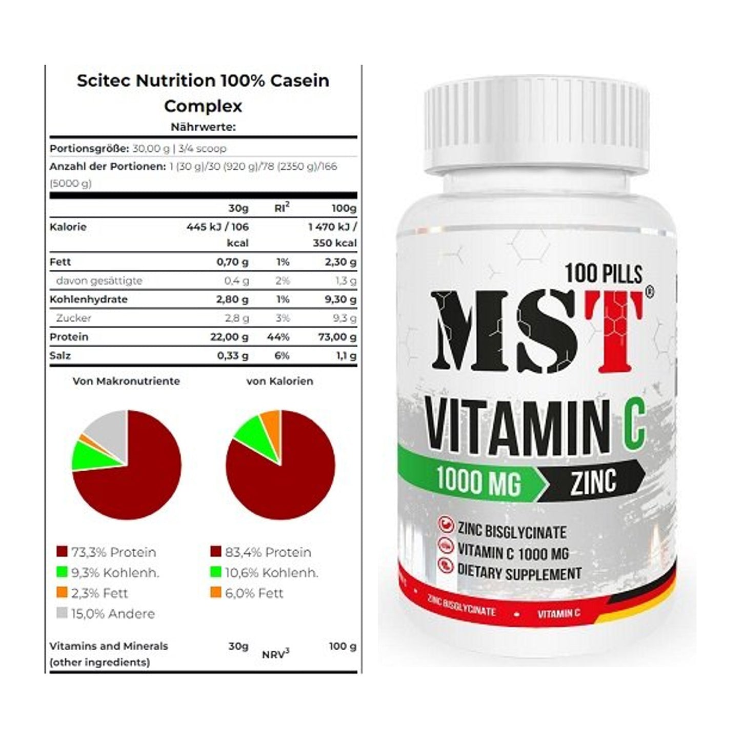 Basis-Set: Scitec Casein Complex + MST Vitamin C 1000 + Zinc 100 – alle enthaltenen Artikel
