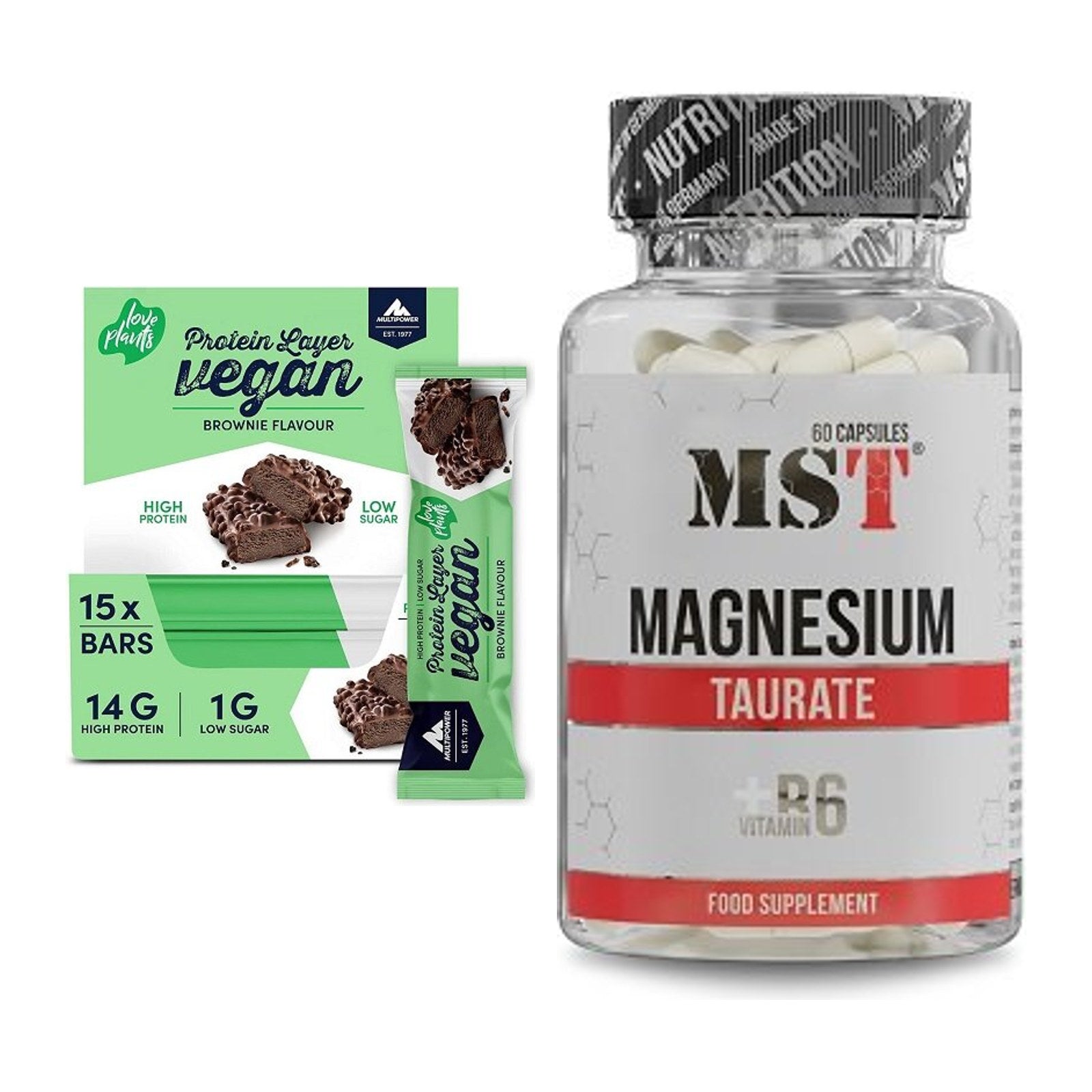 Basis-Set: Multipower Vegan Protein Layer Bar + MST Magnesium Taurat – alle enthaltenen Artikel