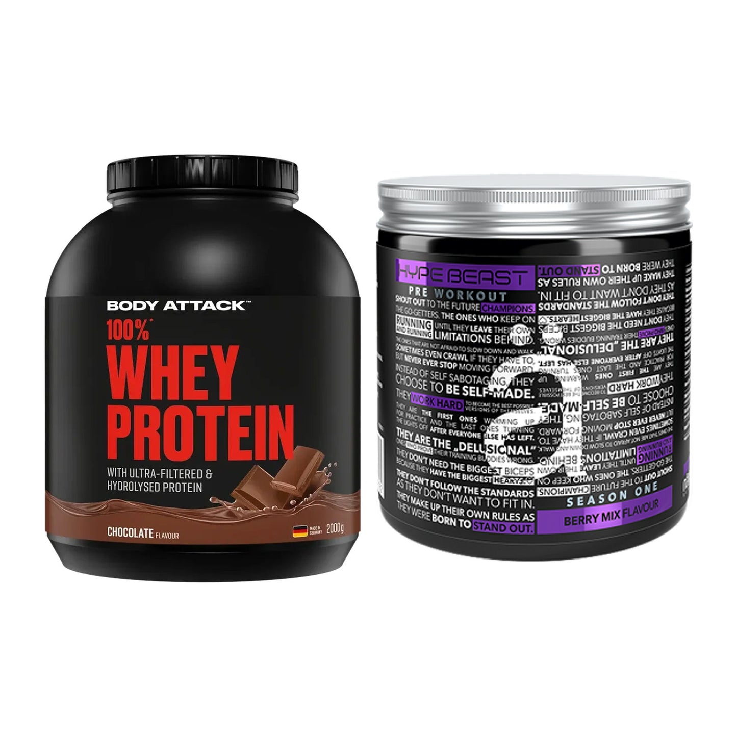 Basis-Set: Body Attack 100% Whey Protein + Nanosupps Hype Beast – alle enthaltenen Artikel