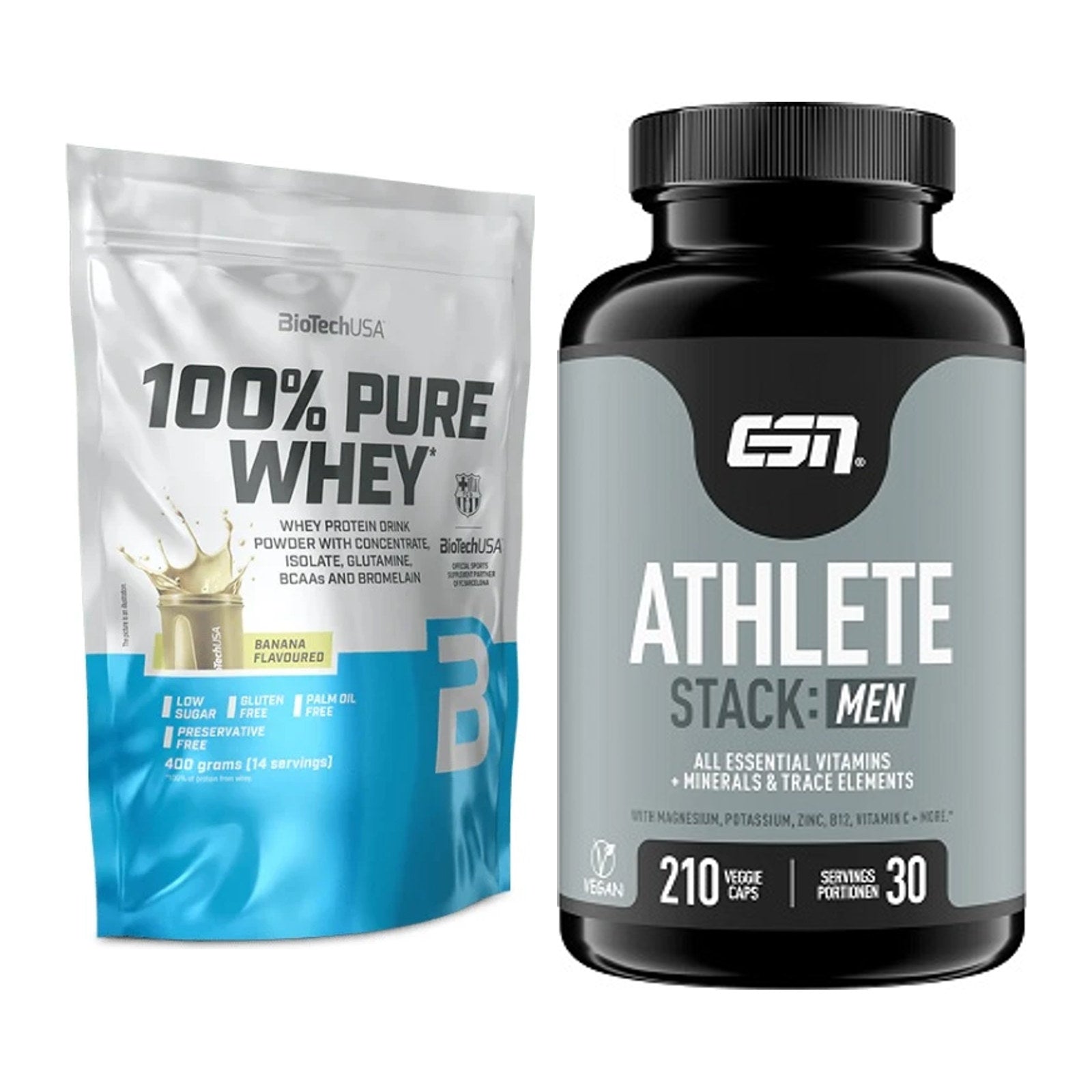 Basis-Set: BioTech 100% Pure Whey + ESN Athlete Stack:MEN – alle enthaltenen Artikel