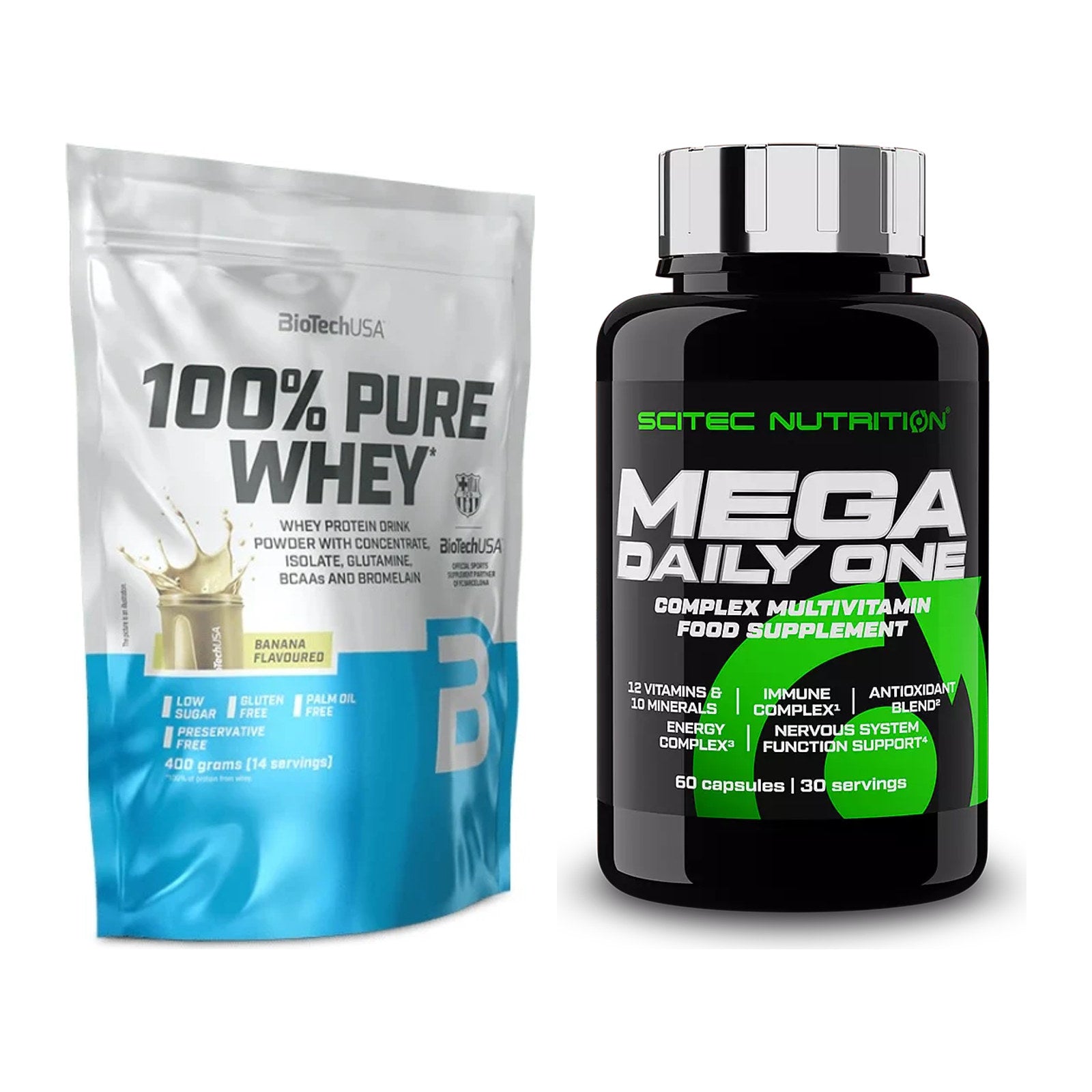 Basis-Set: BioTech 100% Pure Whey + Scitec Mega Daily One Plus – alle enthaltenen Artikel