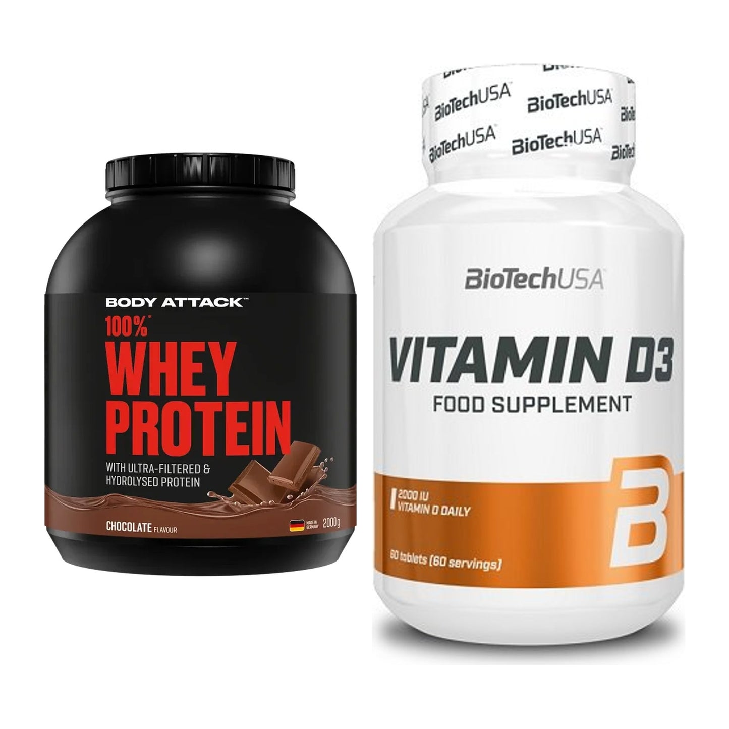 Basis-Set: Body Attack 100% Whey Protein + BioTech Vitamin D3 – alle enthaltenen Artikel