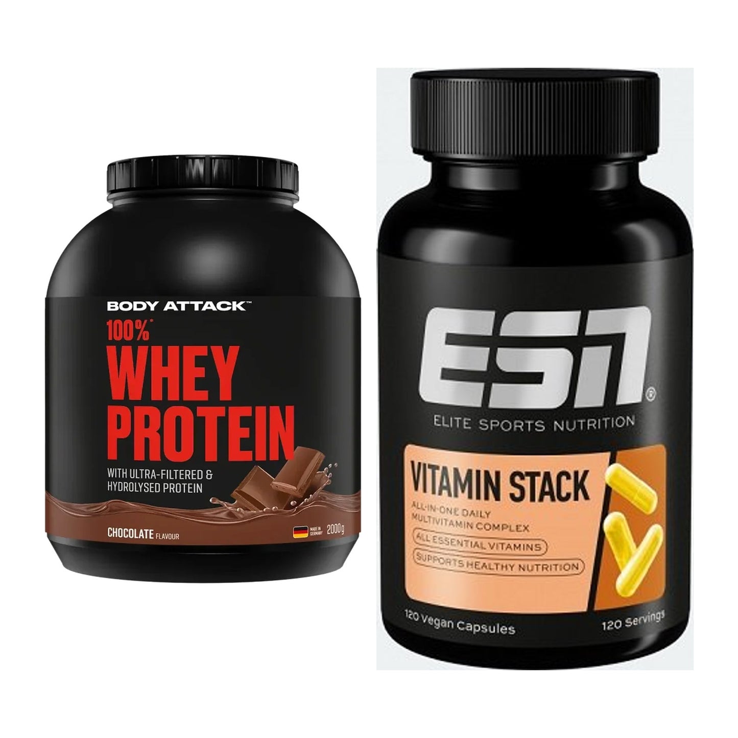 Basis-Set: Body Attack 100% Whey Protein + ESN Vitamin Stack – alle enthaltenen Artikel