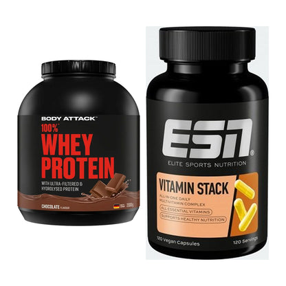 Basis-Set: Body Attack 100% Whey Protein + ESN Vitamin Stack – alle enthaltenen Artikel