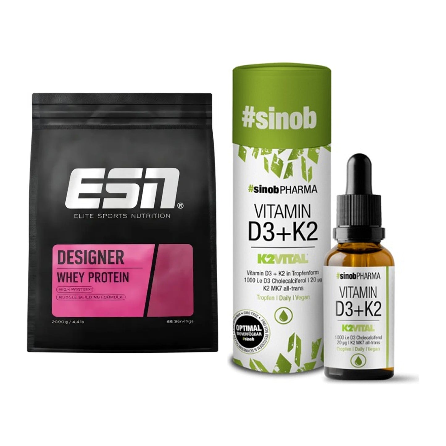 Basis-Set: ESN Designer Whey + Sinob Vitamin D3 + K2 Tropfen – alle enthaltenen Artikel