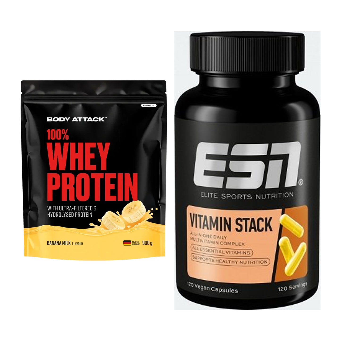 Basis-Set: Body Attack 100% Whey Protein + ESN Vitamin Stack – alle enthaltenen Artikel