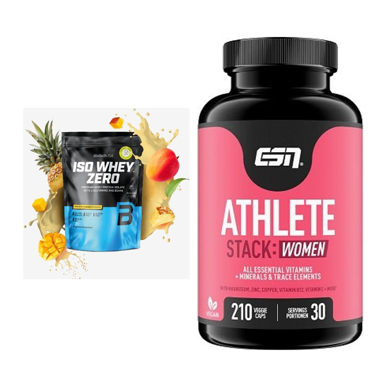 Basis-Set: BioTech Iso Whey Zero + ESN Athlete Stack:WOMEN – alle enthaltenen Artikel
