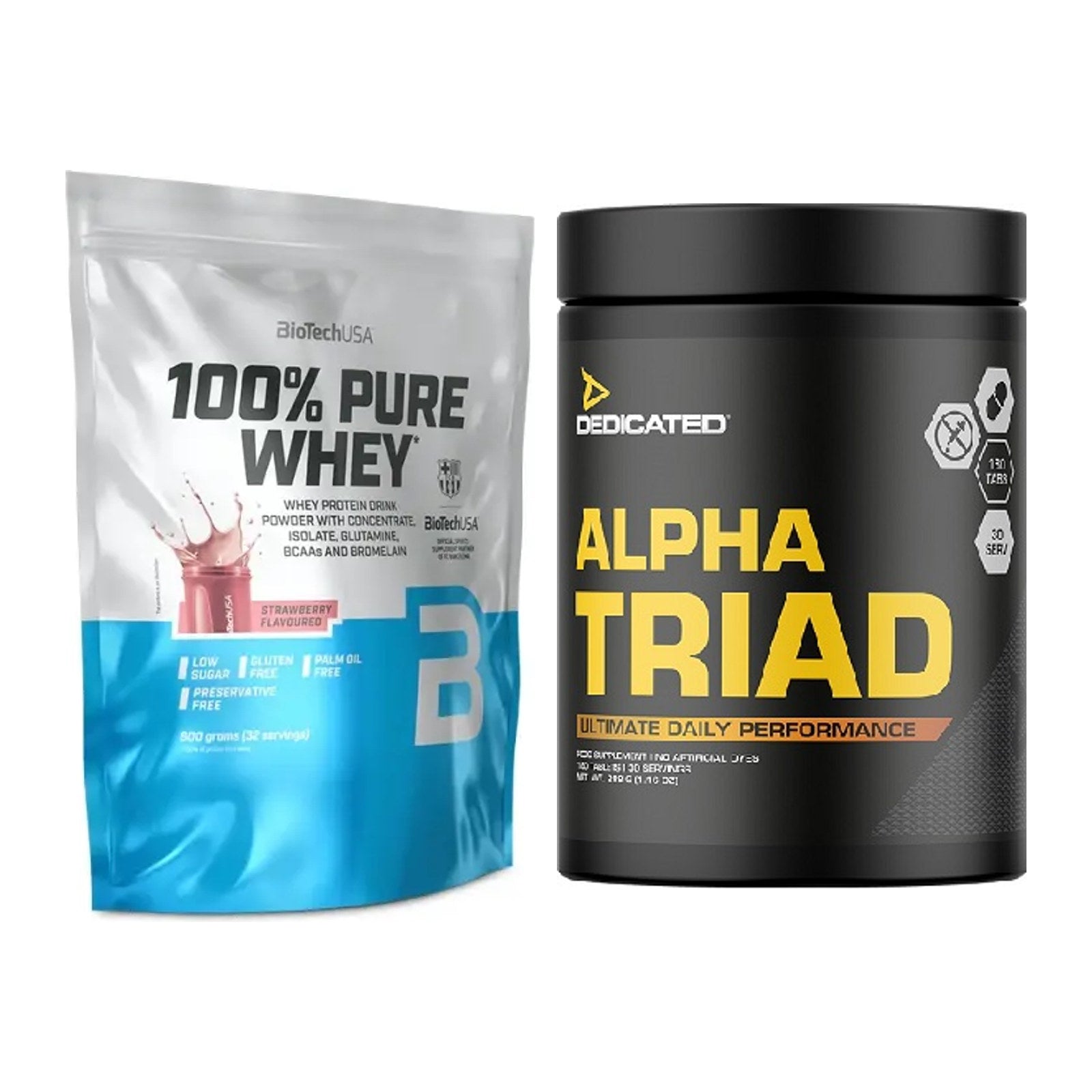 Basis-Set: BioTech 100% Pure Whey + Dedicated Alpha Triad 180 Tabl. – alle enthaltenen Artikel