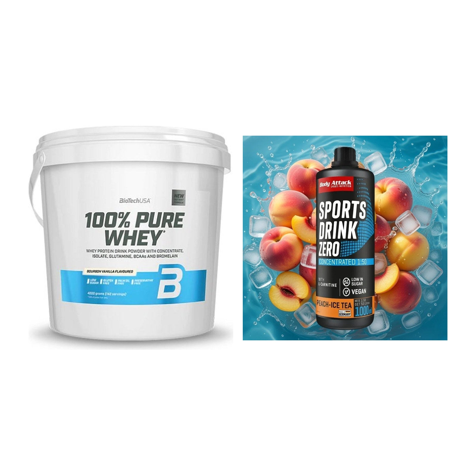 Basis-Set: BioTech 100% Pure Whey + Body Attack Sports Drink Zero – alle enthaltenen Artikel