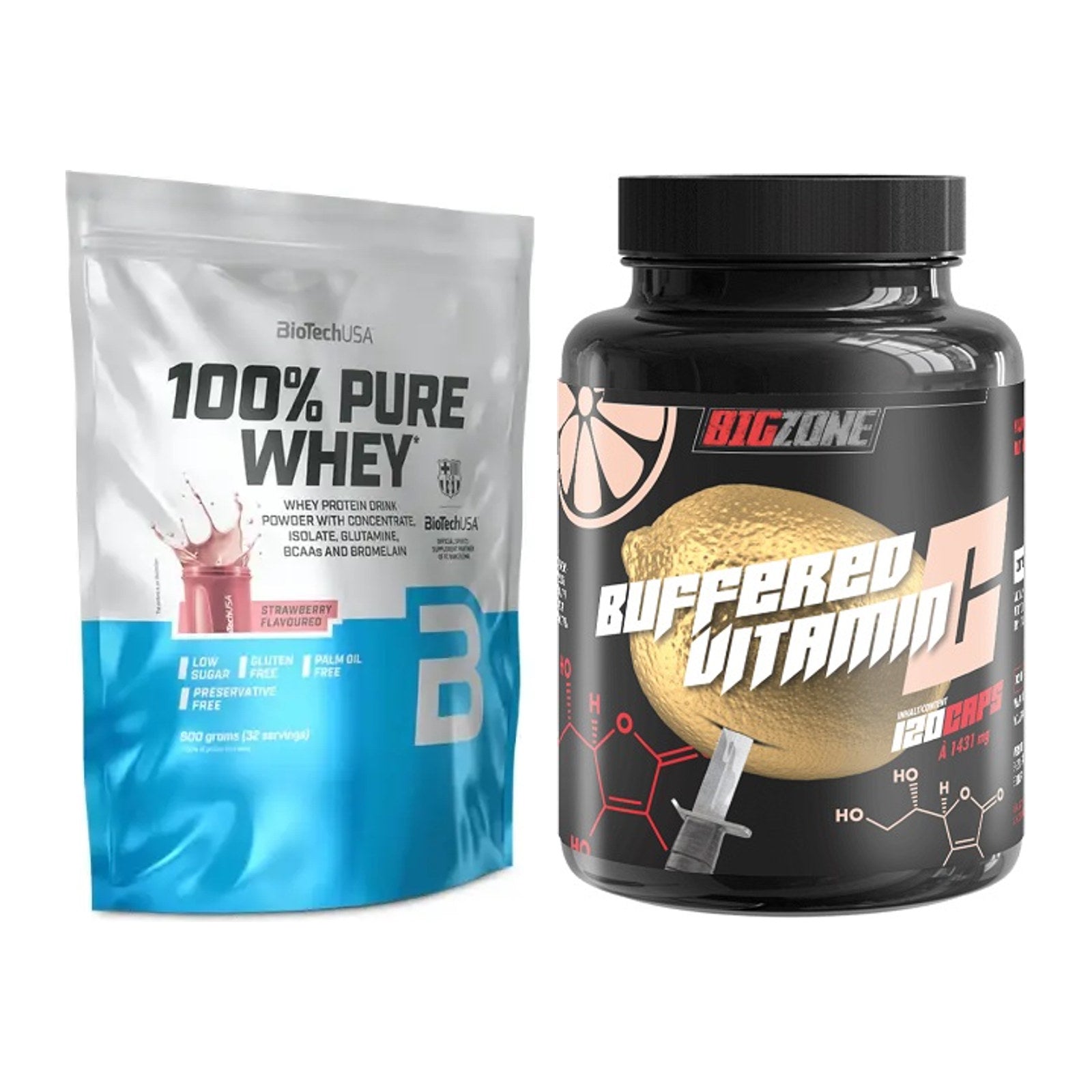 Basis-Set: BioTech 100% Pure Whey + Big Zone Buffered Vitamin C – alle enthaltenen Artikel