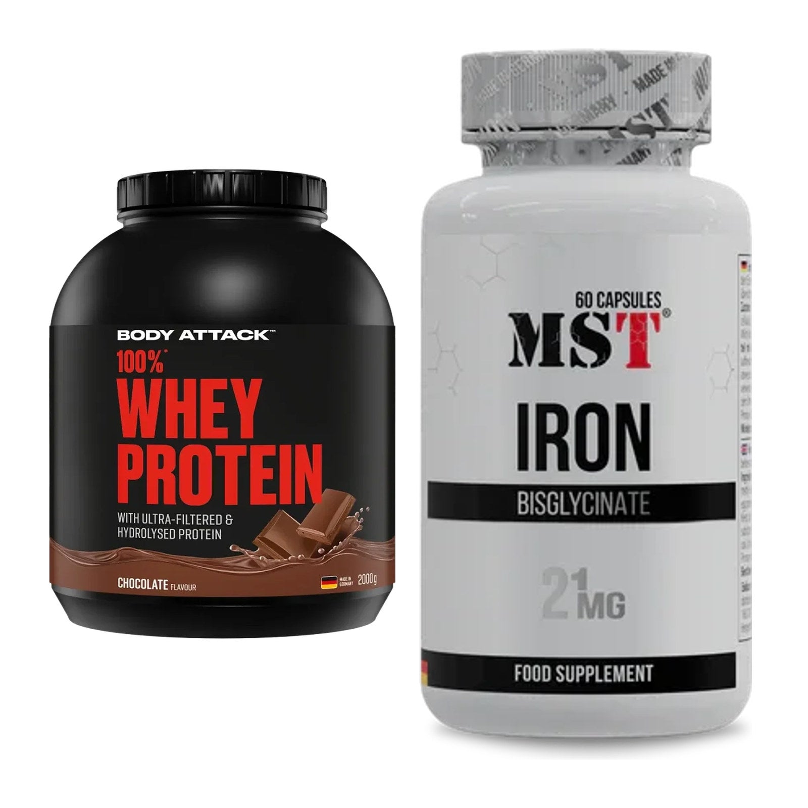 Basis-Set: Body Attack 100% Whey Protein + MST Iron Bisglycinate – alle enthaltenen Artikel