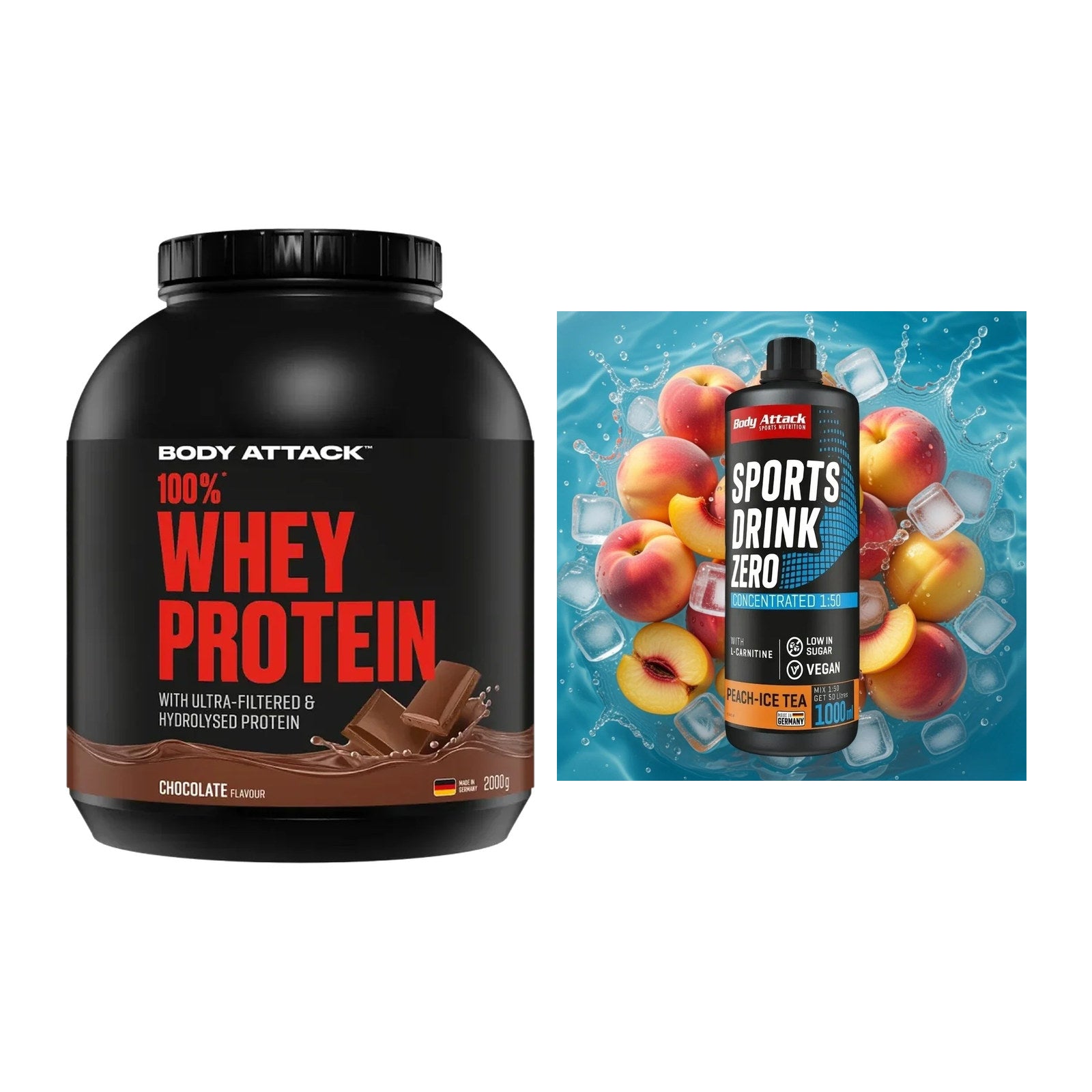 Basis-Set: Body Attack 100% Whey + Body Attack Sports Drink – alle enthaltenen Artikel