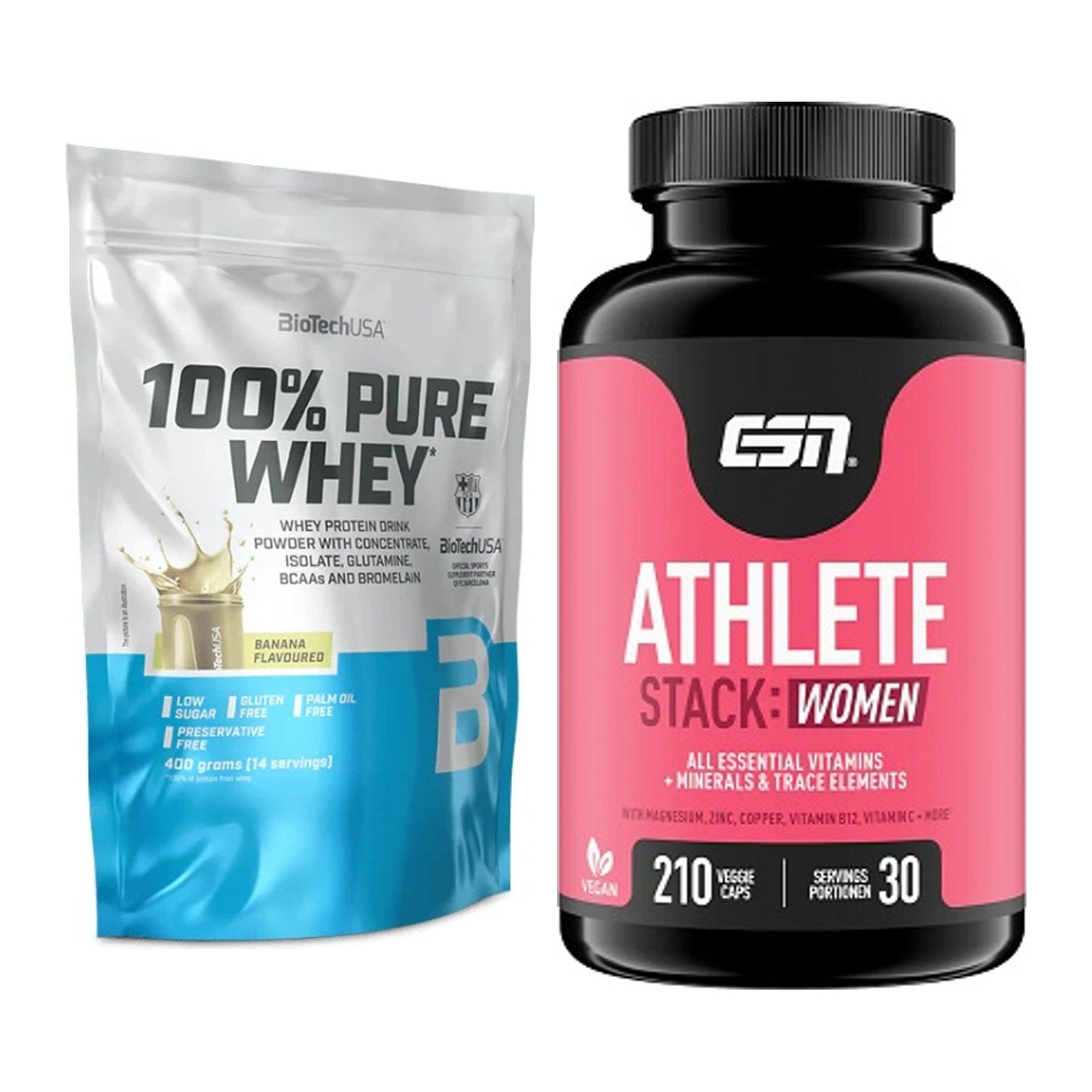 Basis-Set: BioTech 100% Pure Whey + ESN Athlete Stack:WOMEN – alle enthaltenen Artikel