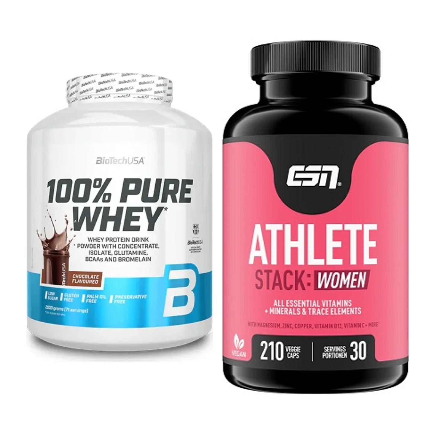 Basis-Set: BioTech 100% Pure Whey + ESN Athlete Stack:WOMEN – alle enthaltenen Artikel