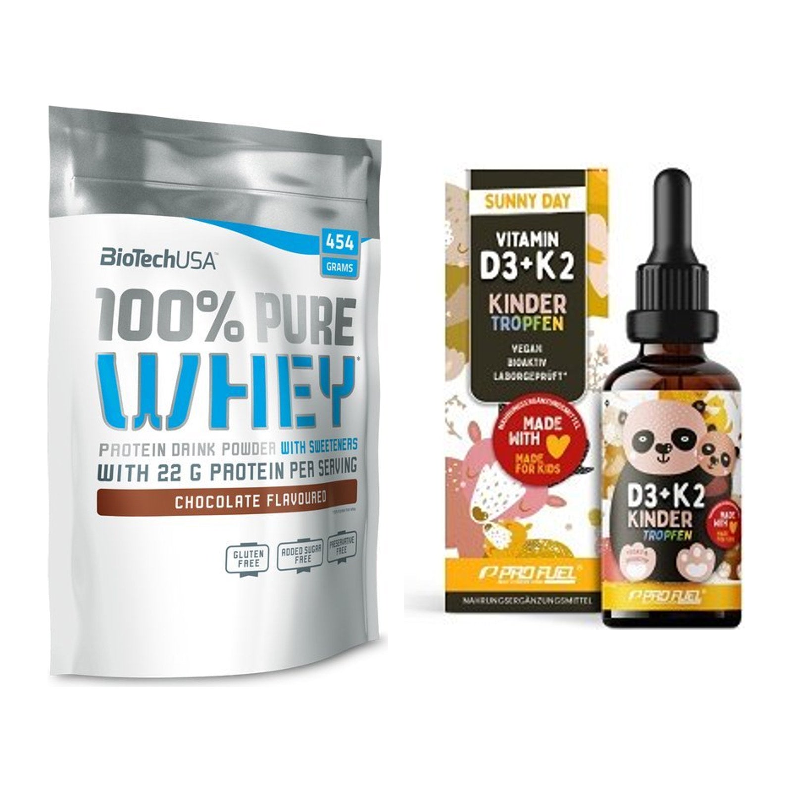 Basis-Set: BioTech 100% Pure Whey + ProFuel VITAMIN D3 + K2 Kinder – alle enthaltenen Artikel