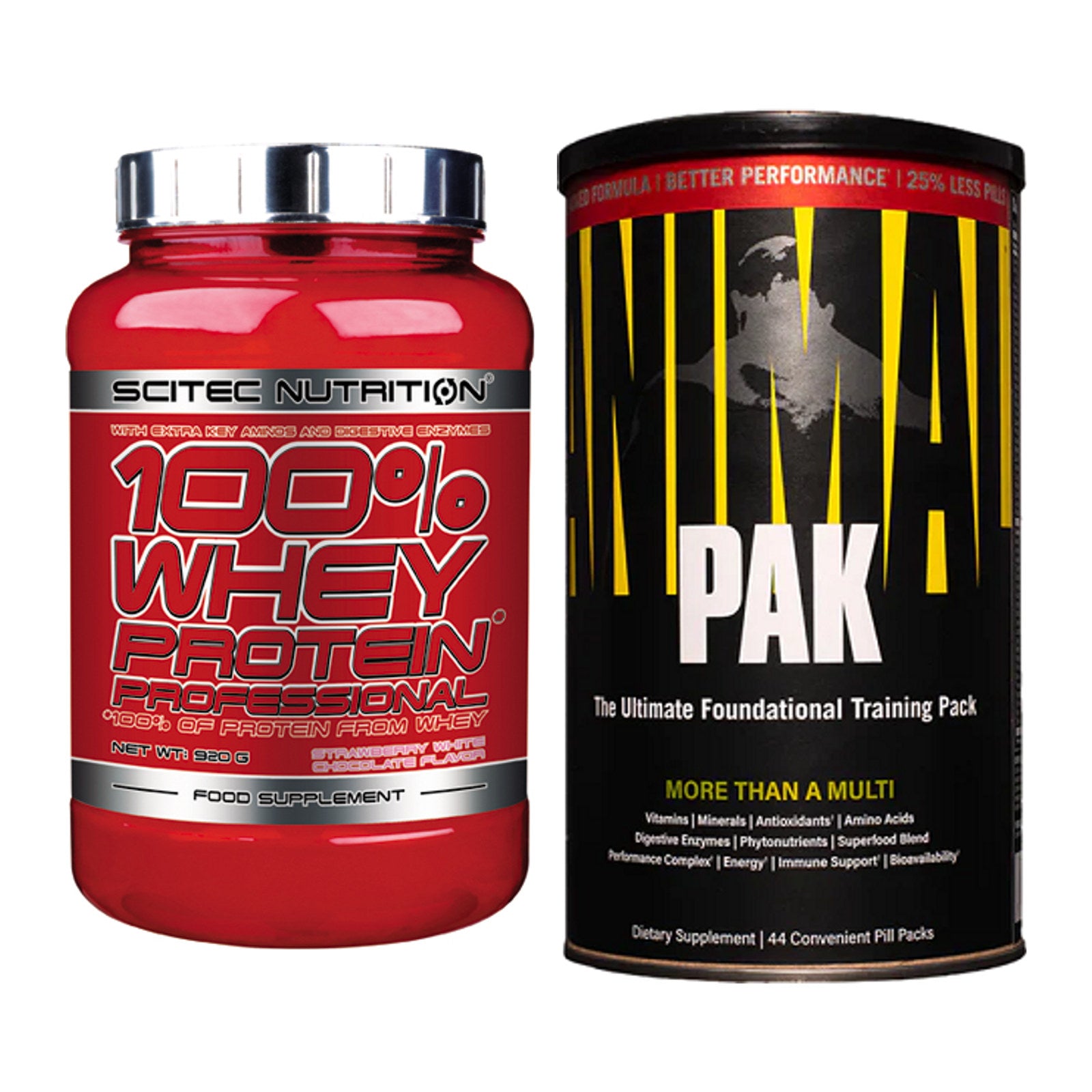 Basis-Set: Scitec 100% Whey + Universal Animal Pak 44 – alle enthaltenen Artikel