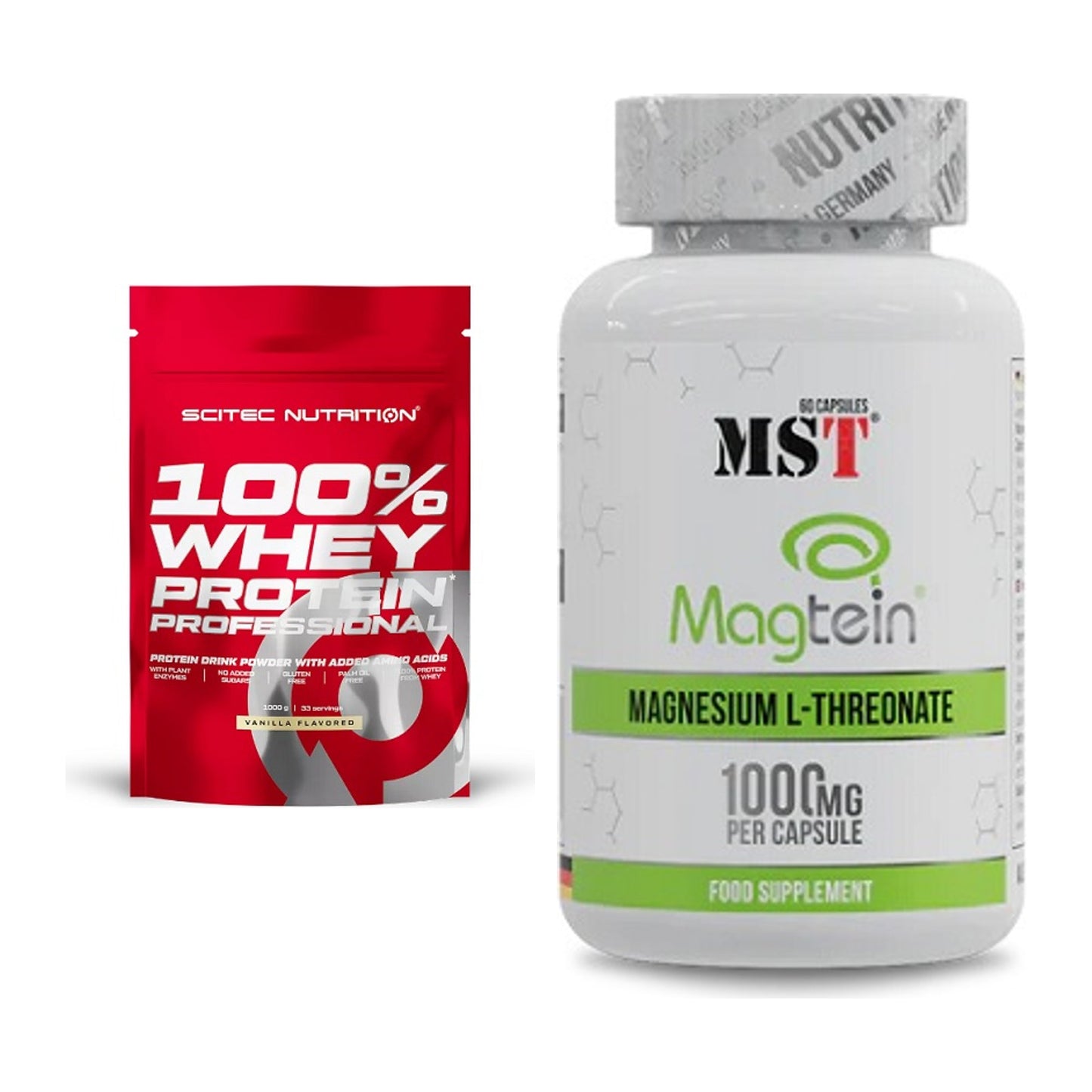 Basis-Set: Scitec 100% Whey Protein + MST Magnesium L-Threonate – alle enthaltenen Artikel
