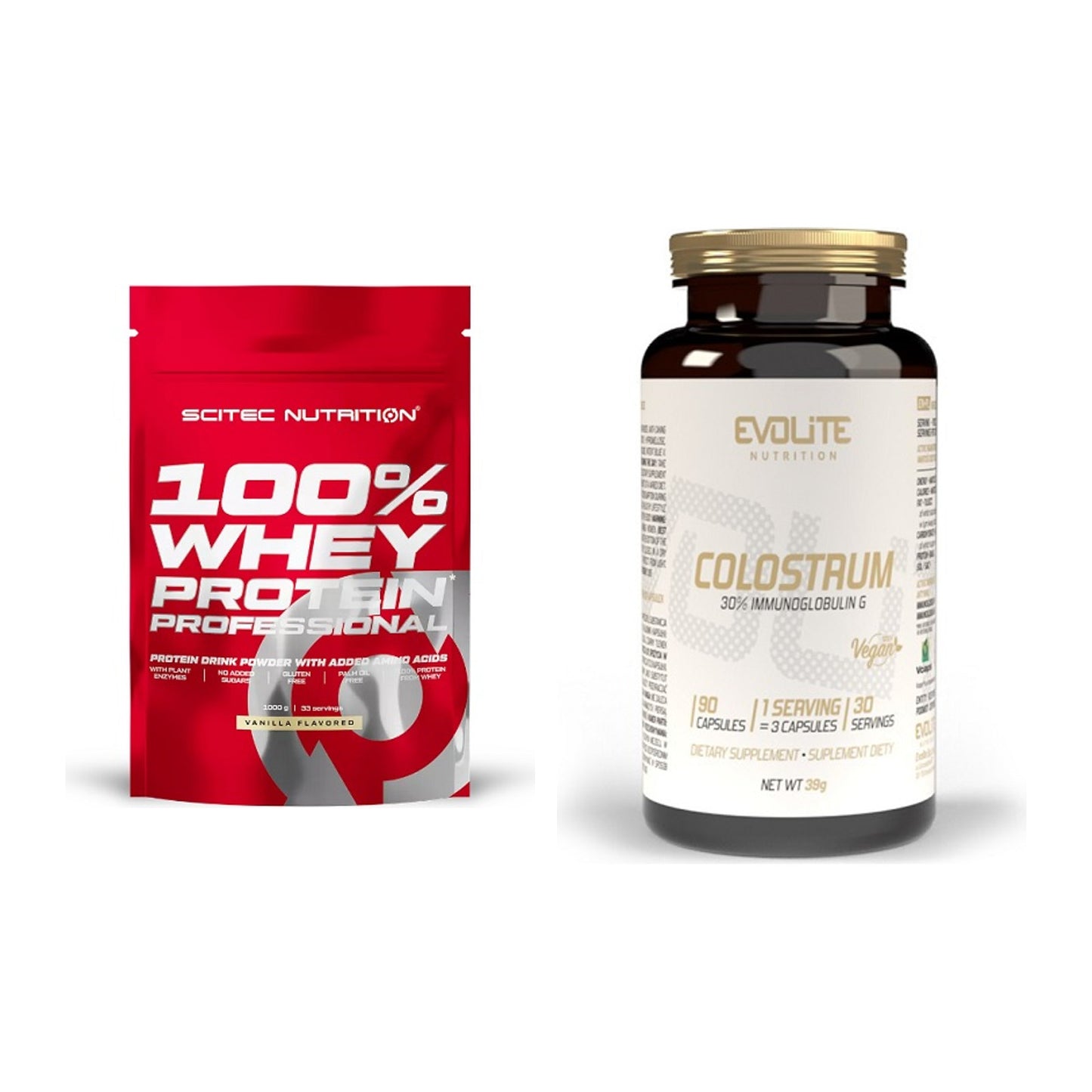 Basis-Set: Scitec 100% Whey Protein + Evolite Nutrition Colostrum 30% – alle enthaltenen Artikel