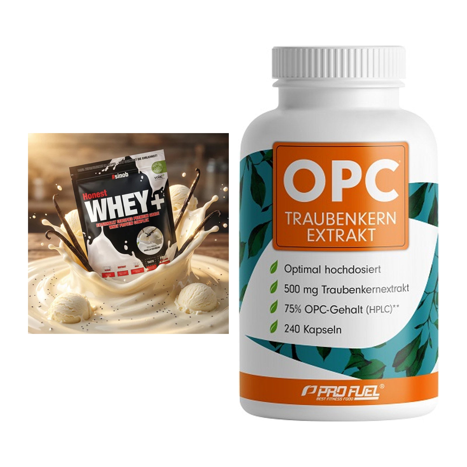 Basis-Set: Sinob Honest Whey+ + ProFuel OPC Traubenkernextrakt – alle enthaltenen Artikel