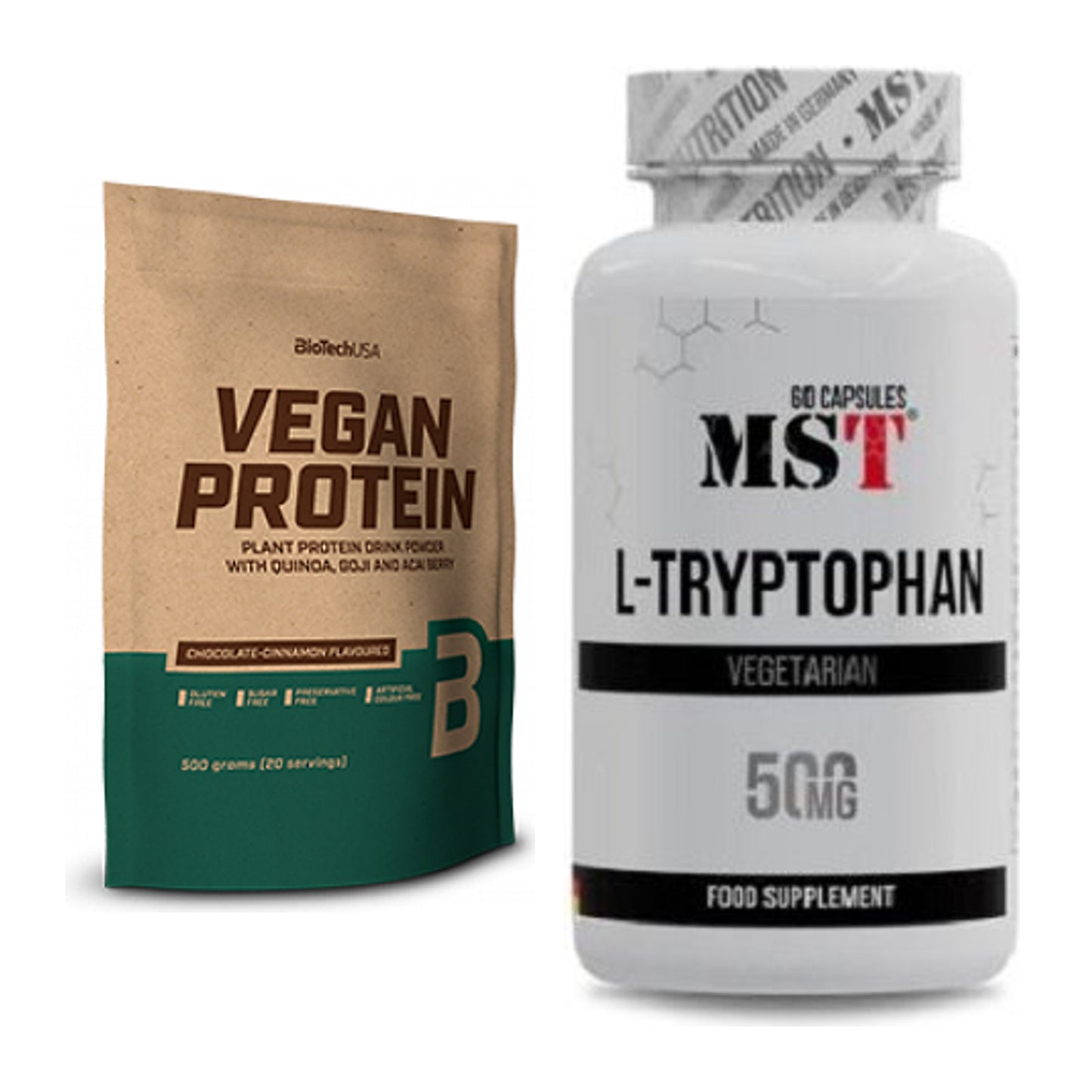 Basis-Set: BioTech Vegan Protein + MST Tryptophan 500mg – alle enthaltenen Artikel