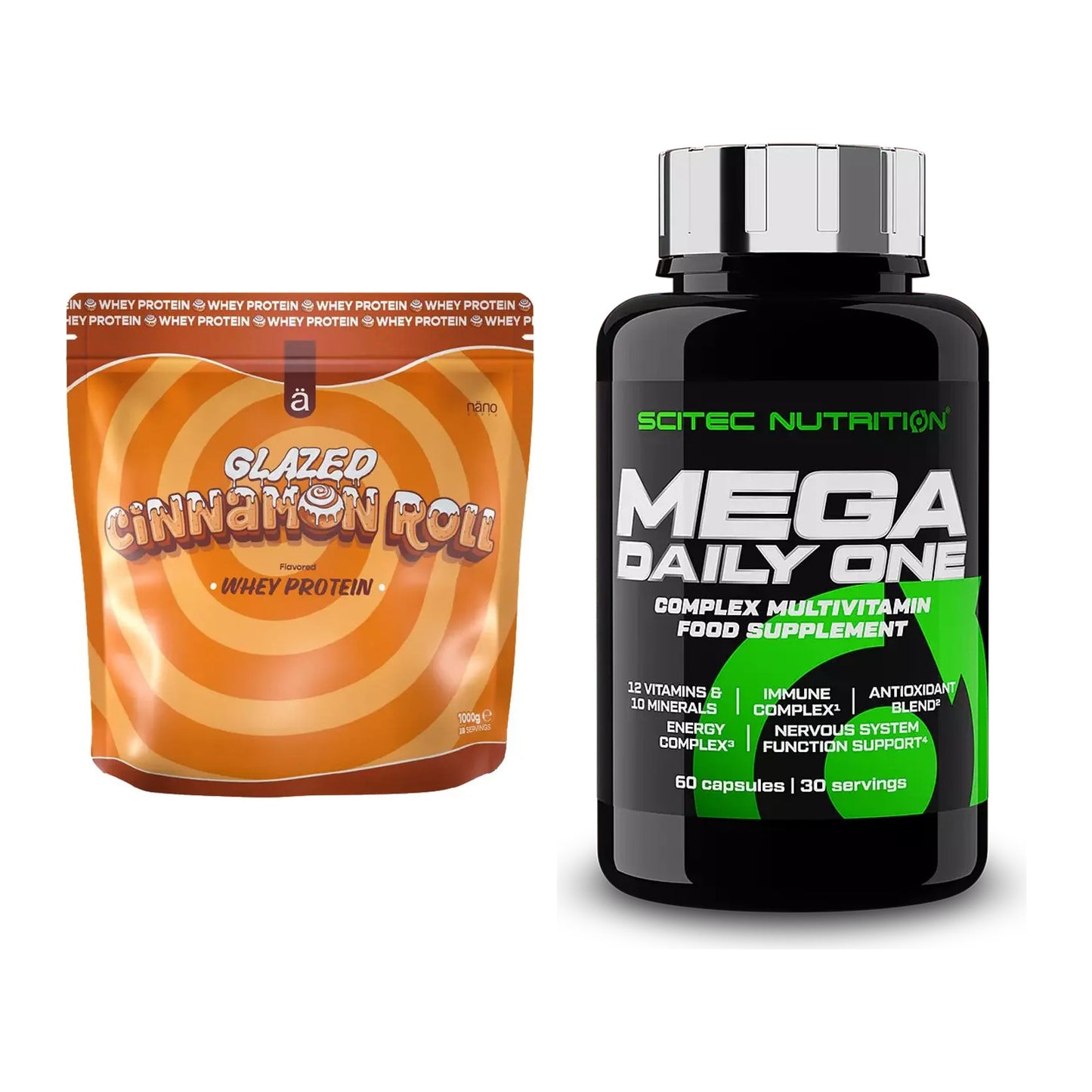 Basis-Set: Nanosupps Whey Protein + Scitec Mega Daily One Plus – alle enthaltenen Artikel