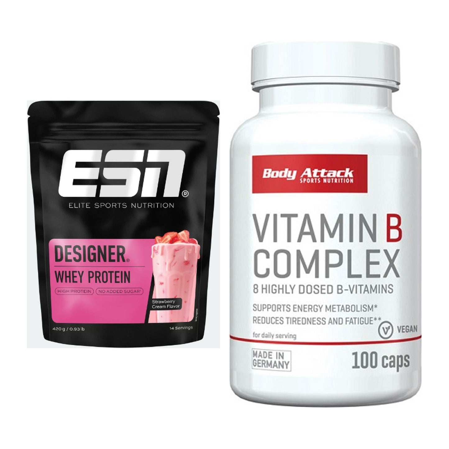 Basis-Set: ESN Designer Whey + Body Attack Vitamin B-Complex – alle enthaltenen Artikel