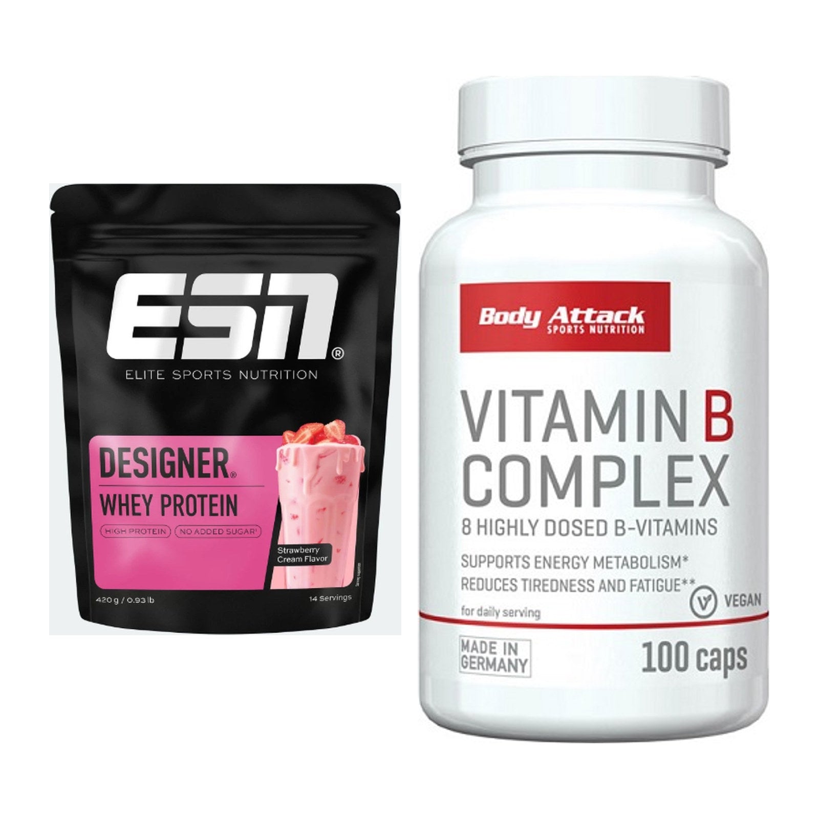 Basis-Set: ESN Designer Whey + Body Attack Vitamin B-Complex – alle enthaltenen Artikel