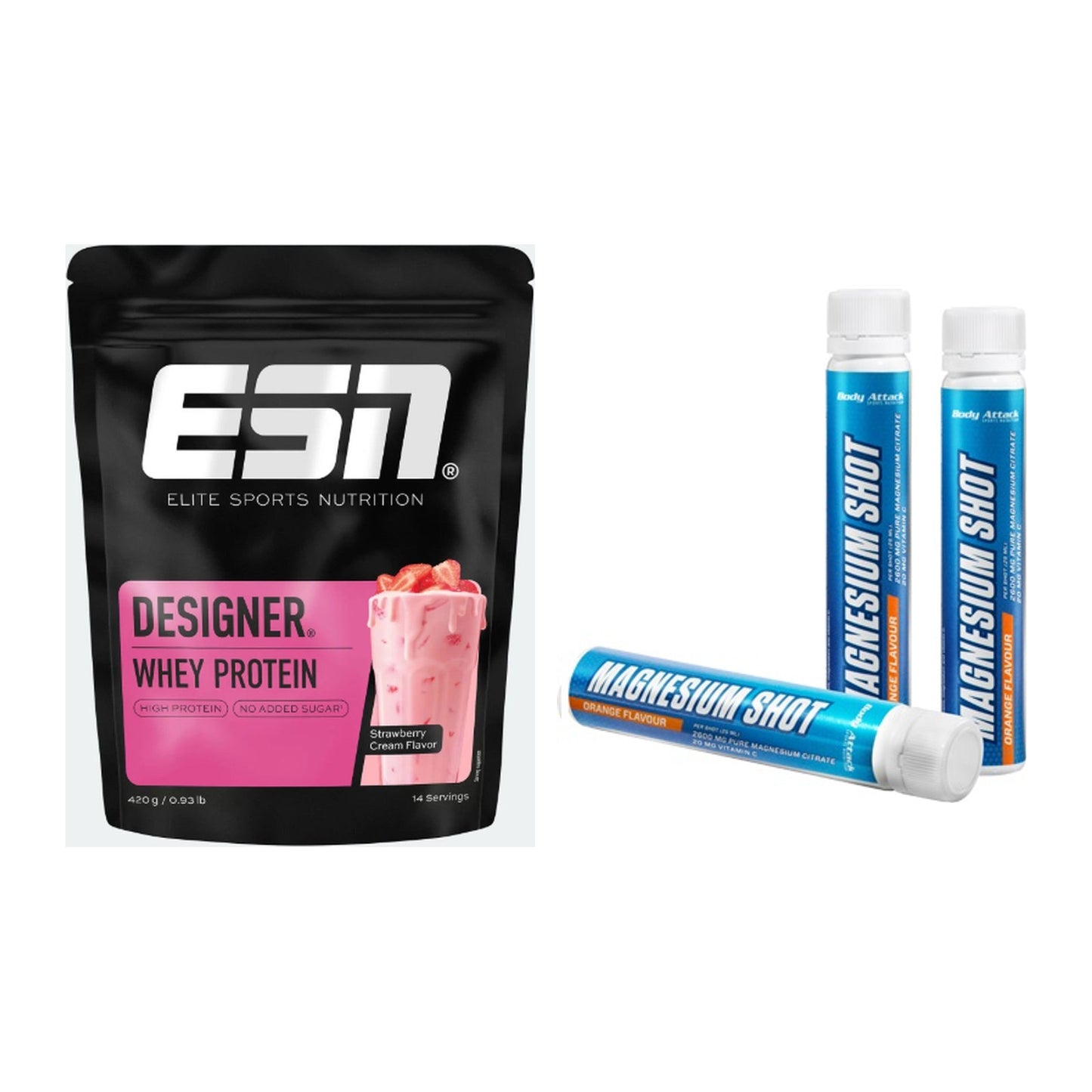 Basis-Set: ESN Designer Whey + Body Attack Magnesium Shots – alle enthaltenen Artikel